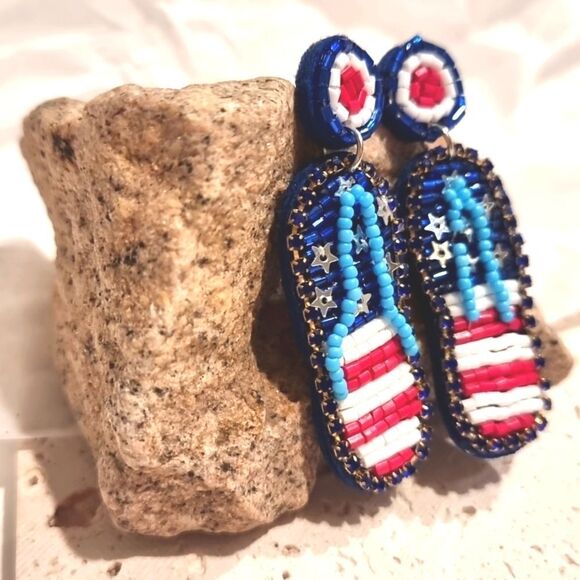 New Patriotic Beaded Flip Flop 4th Of July Thong Sandal Earrings - Picture 3 of 8